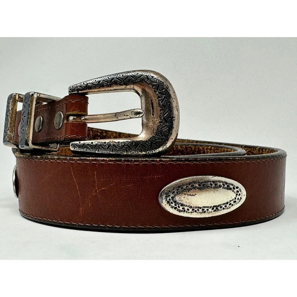 Brighton Vintage Brown Leather Western Concho Belt Silver Engraved Buckle Womens